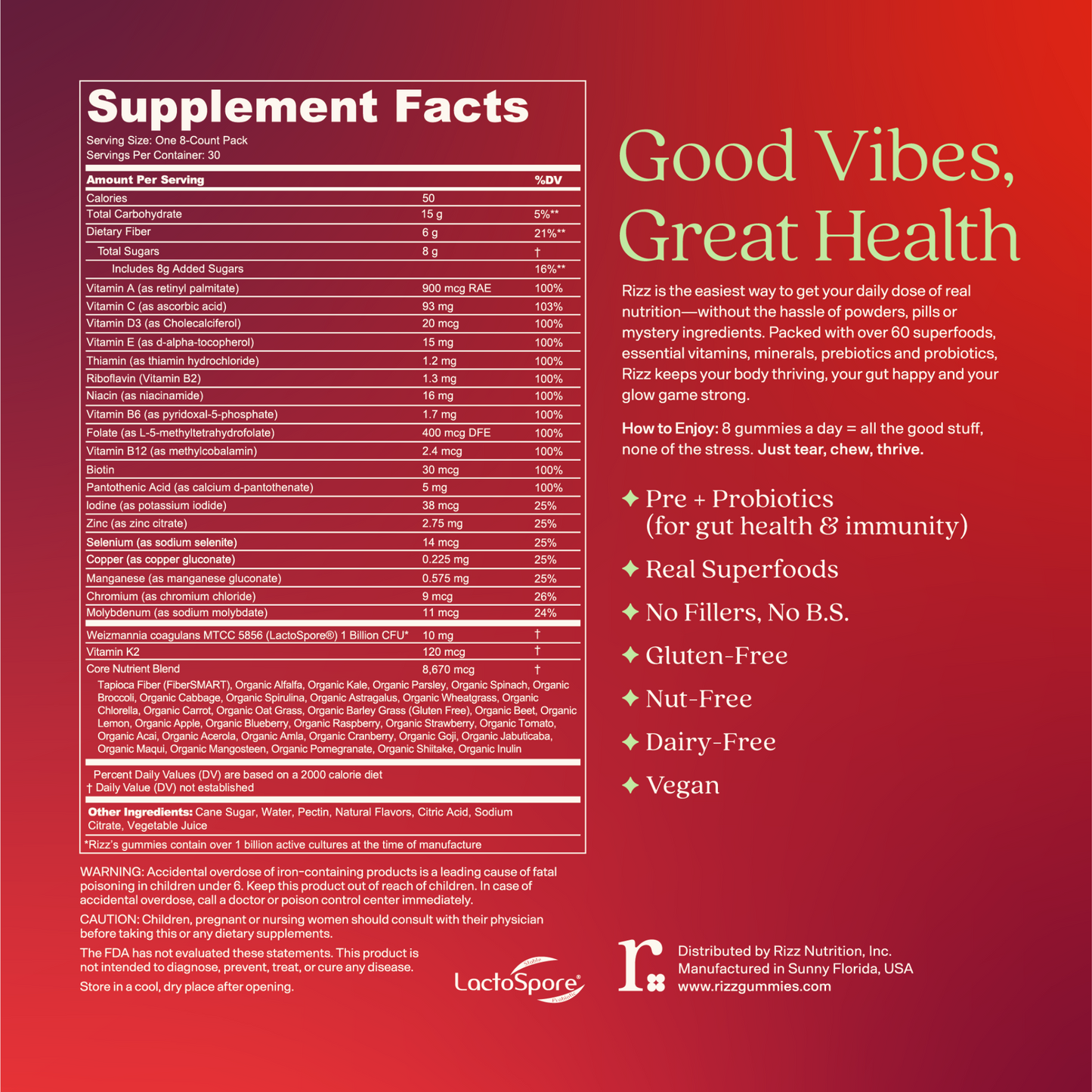 Supplement facts label for Rizz Gummies with 'Good Vibes, Great Health' text on a red background