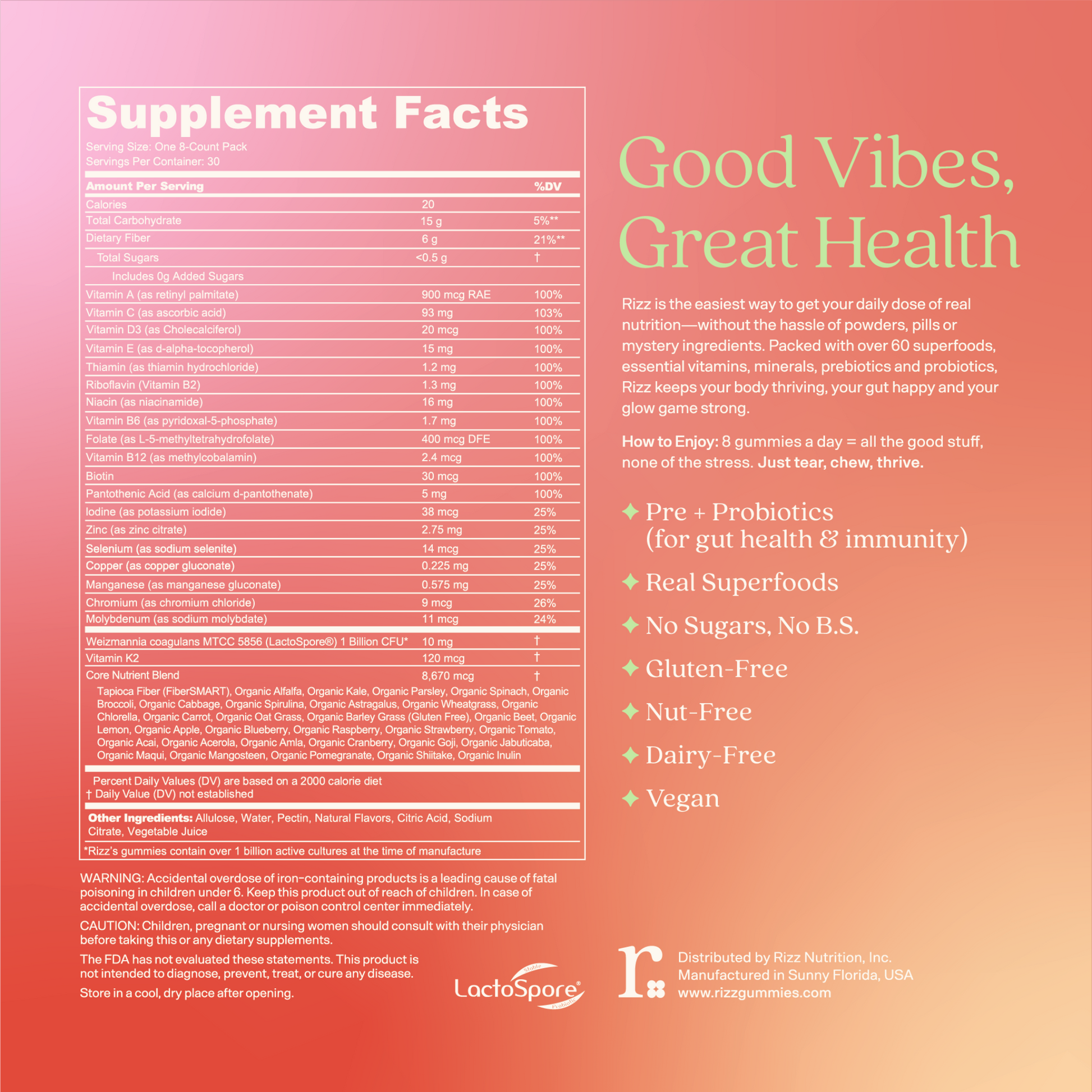 Supplement facts label with 'Good Vibes, Great Health' text on a gradient pink background